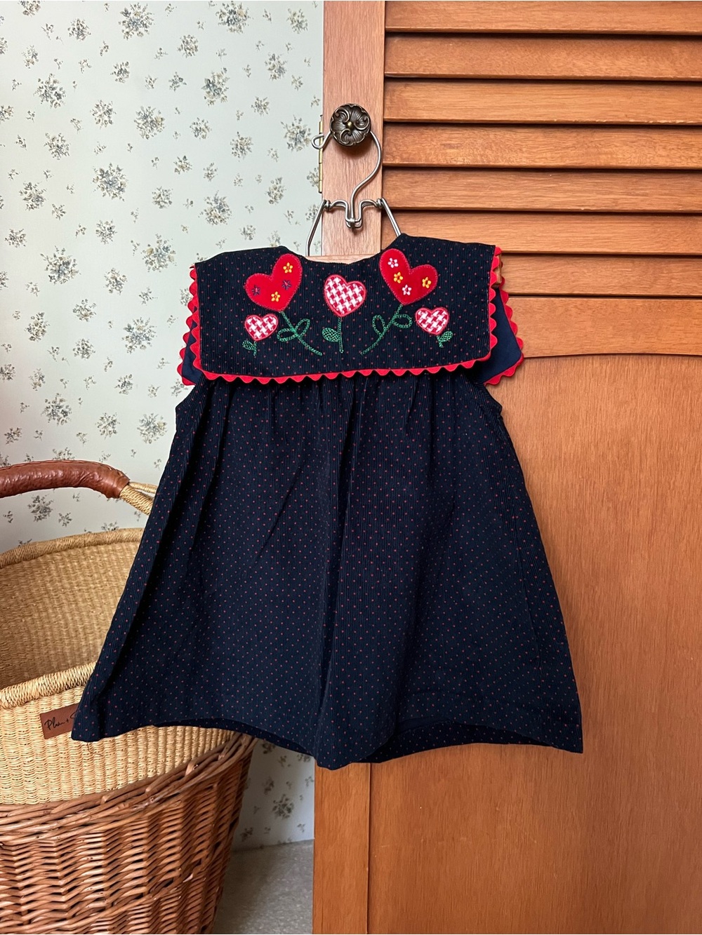 Vintage Navy Girl's Dress with Red Heart Appliqué